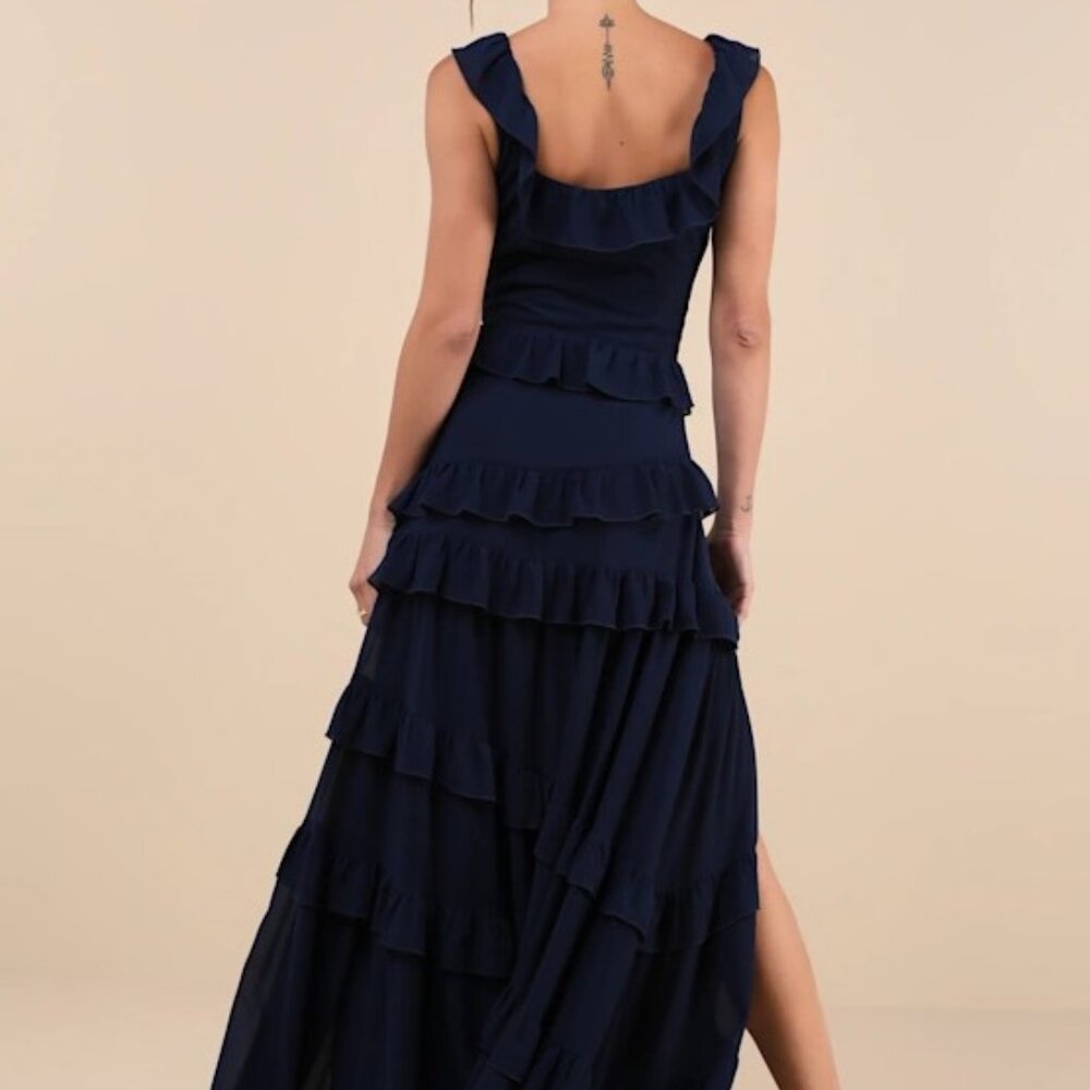 Compelling Romantic Dark Blue Ruffled Tiered Maxi Dress Lulus NWT